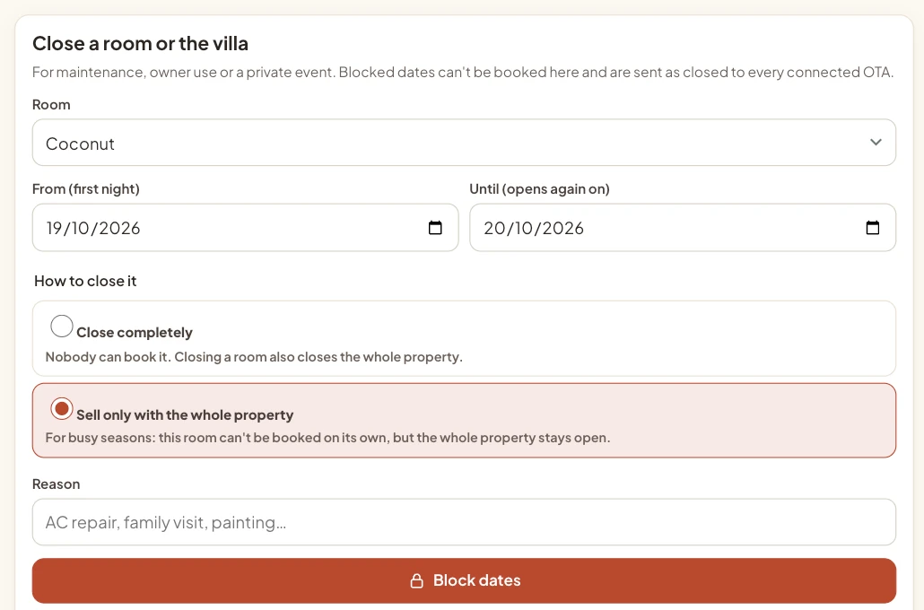 InnRow Closed dates screen with the option Sell only with the whole property selected